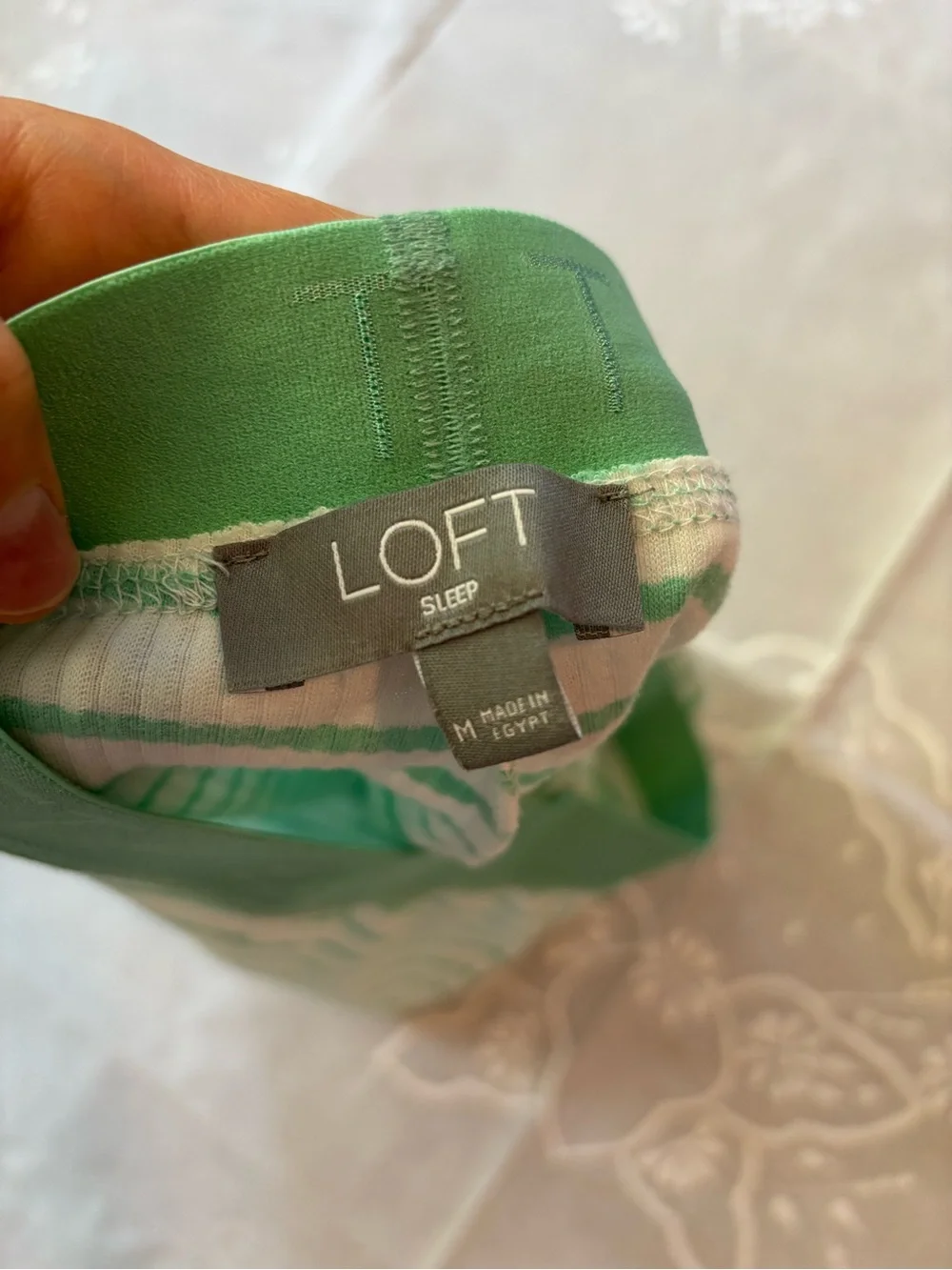 LOFT 2 Piece Bike Short Pajama Set Green Striped Ribbed Jersey Knit Lounge Wear